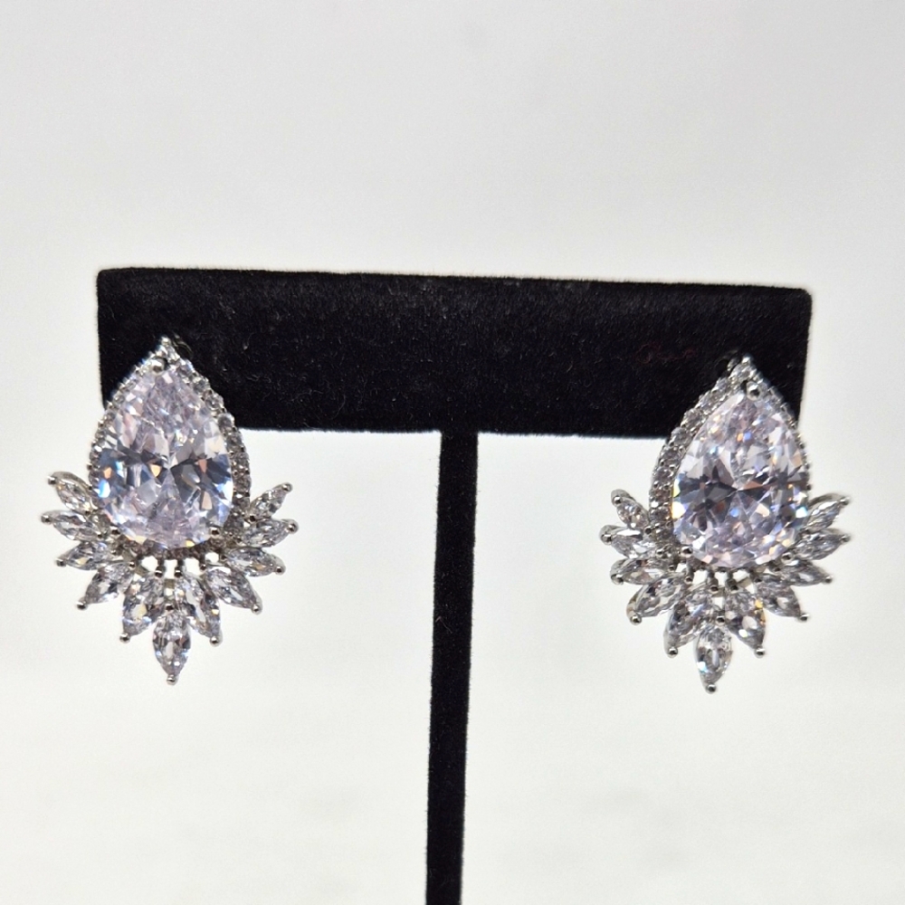 Source Unknown Silver Teardrop Crystal Earrings - image 1